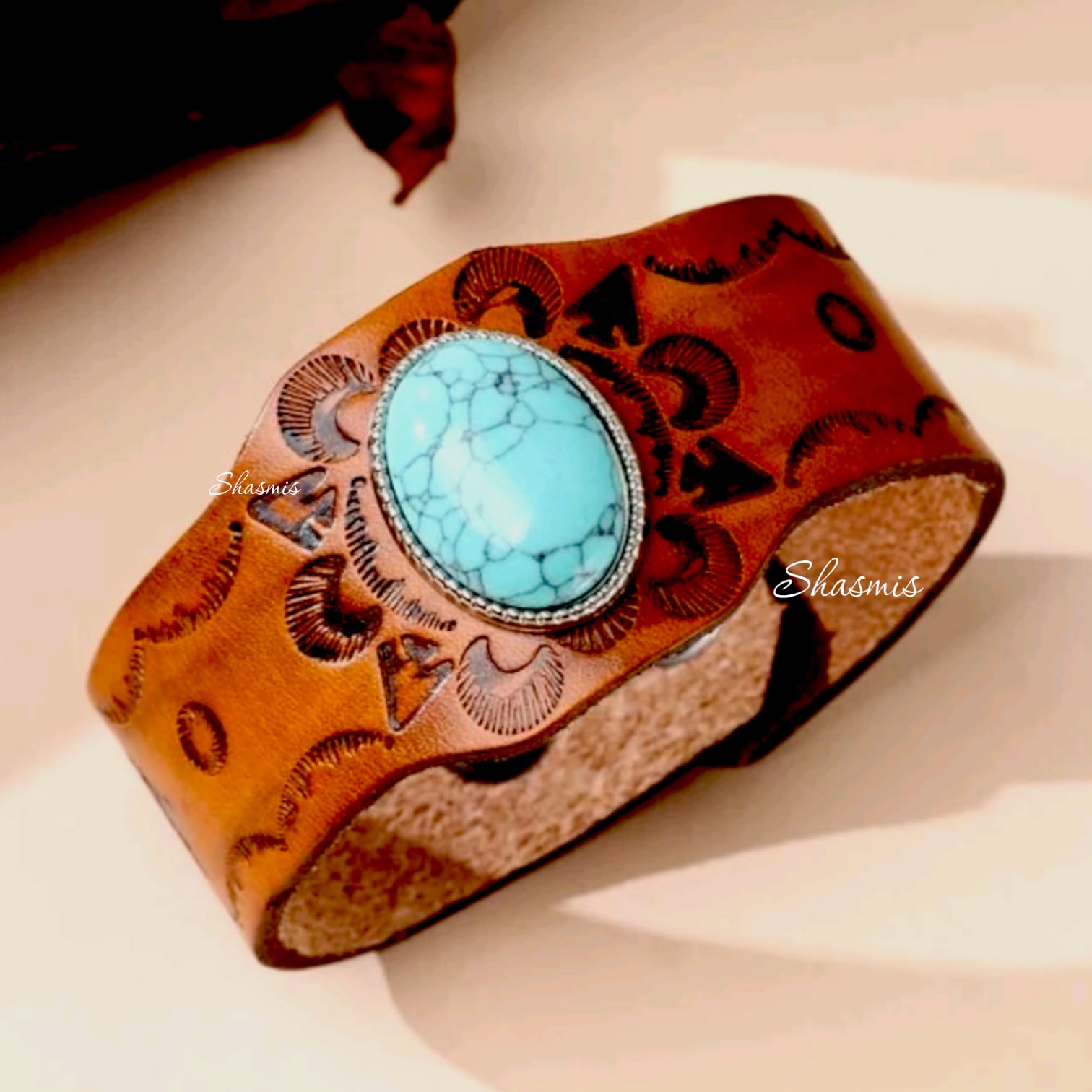 Leather Cuff Bracelets With Turquoise Stone
