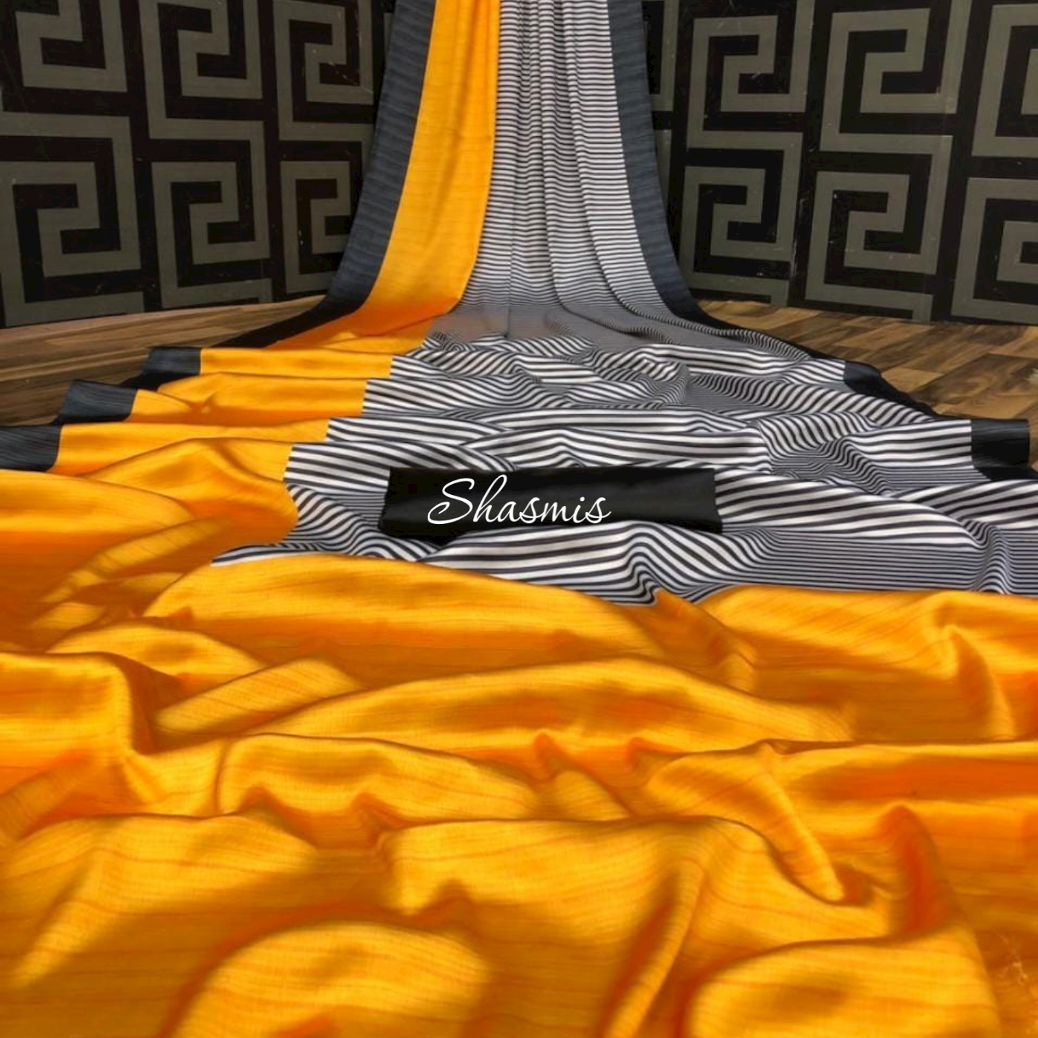 Golden Black Border Satin Silk Saree