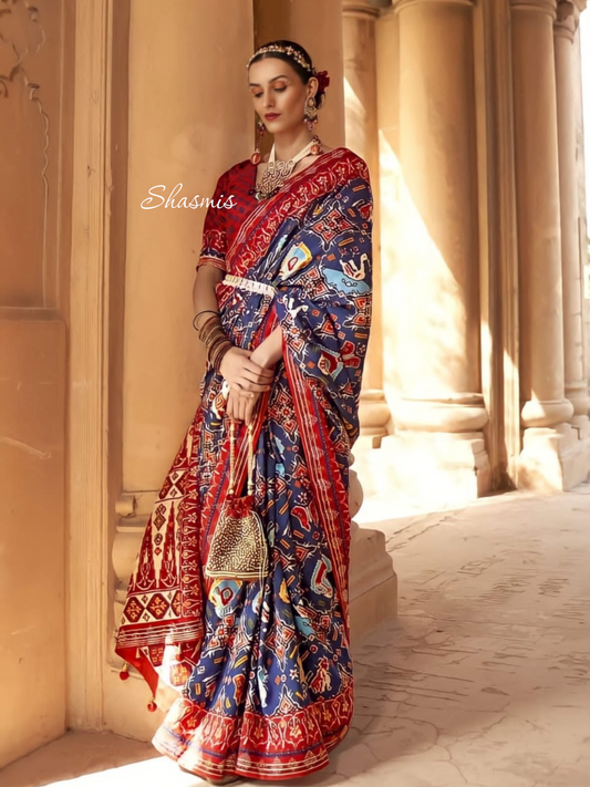 Blue Printed Silk Saree
