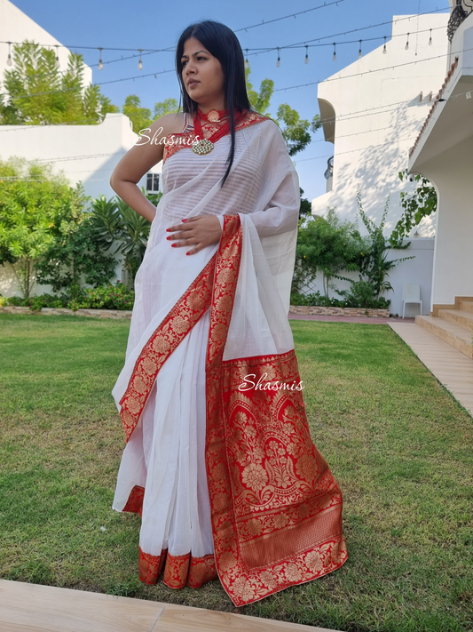 White and Red Silk Saree