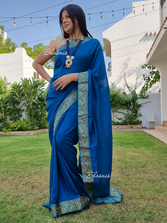 Blue Color Silk Border Work Saree