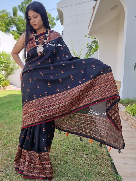 Black Asam Hand Woven Design Saree