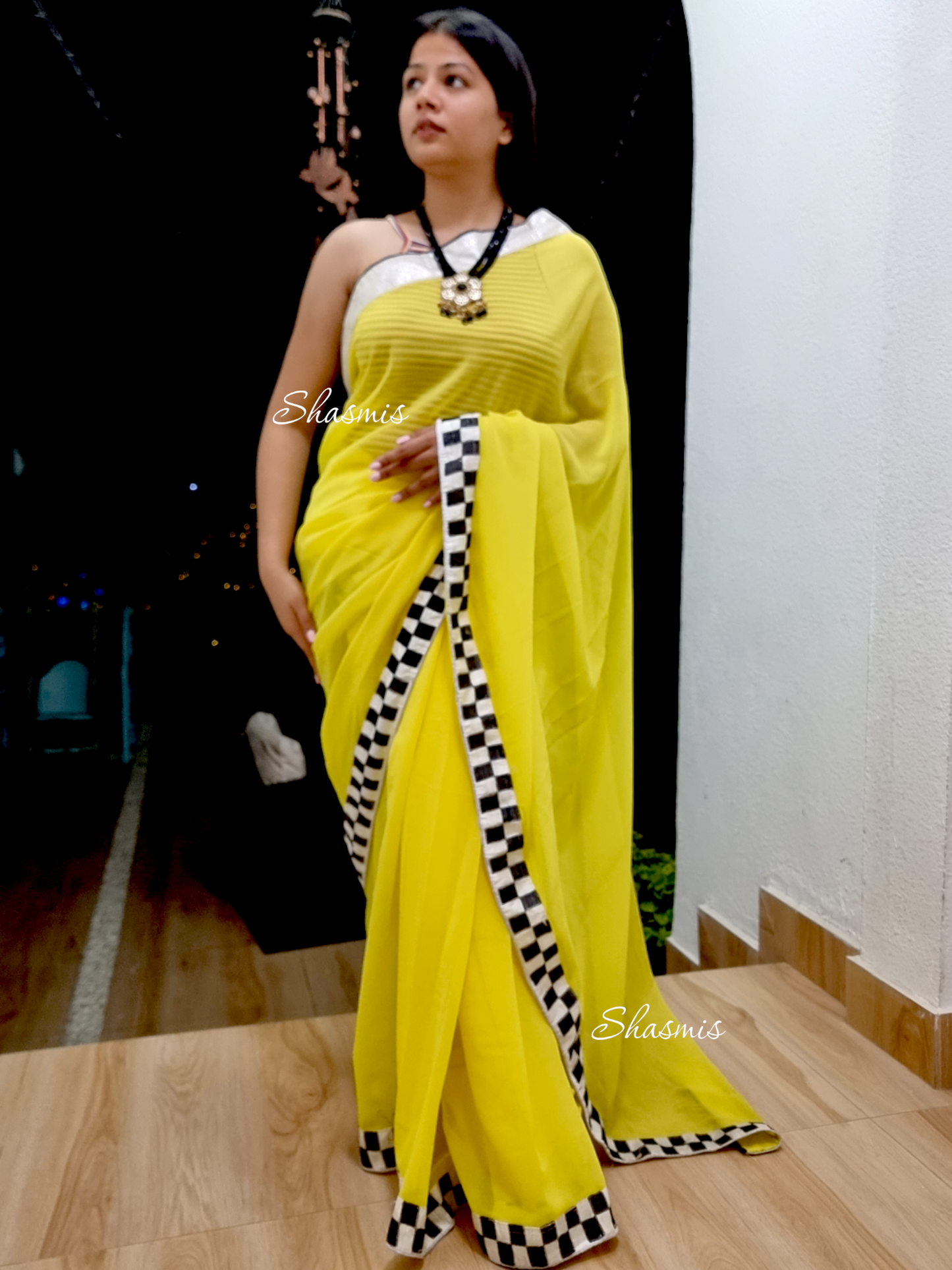 Yellow Color With Black anD White Cheks Border