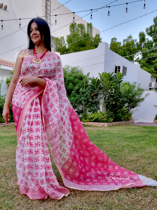 White and Pink Swastik Cotton Sraee