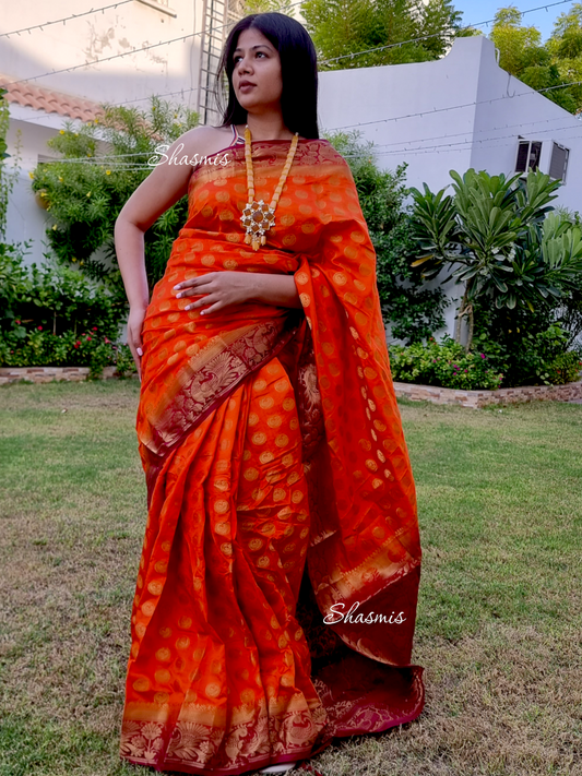 Orange And Brown Shade Indian Saree