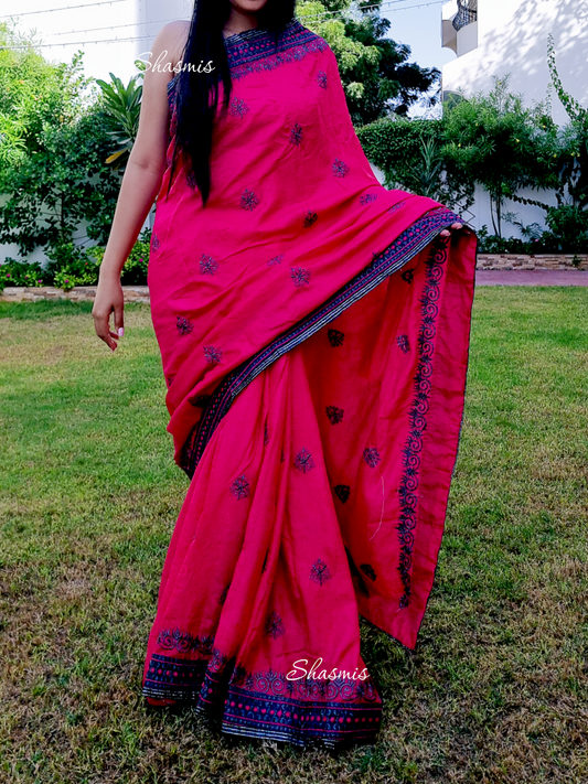 Pink Silk Saree With Grey Border 