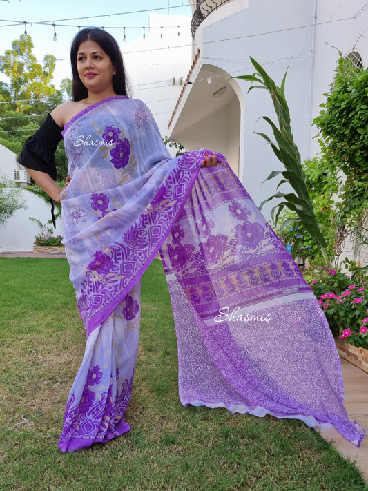 White and Purple Georgette Saree