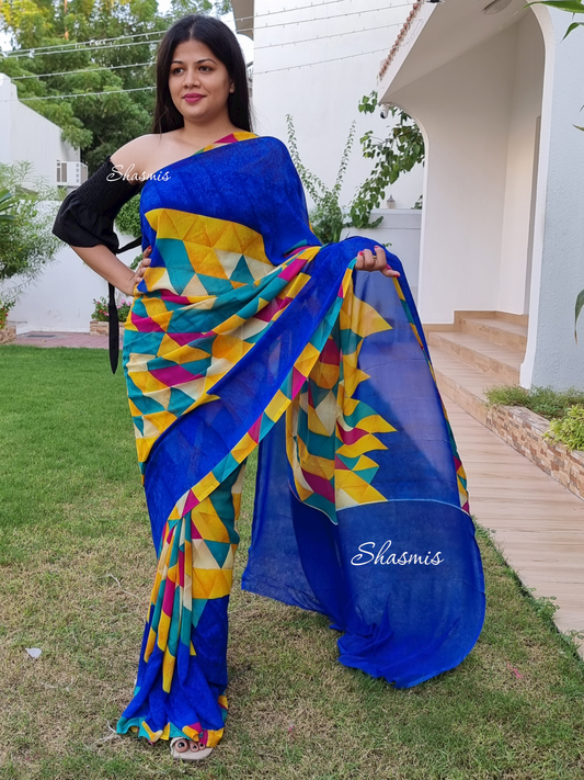 Blue and Yellow Color Georgette Saree