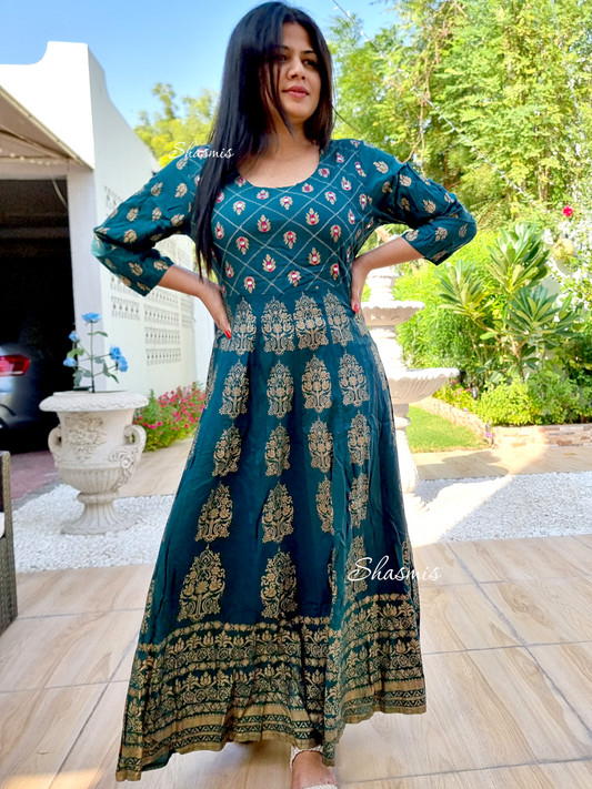 Blue Reyan Dress With Golden Foil DesignFilled With Mirror On Choli