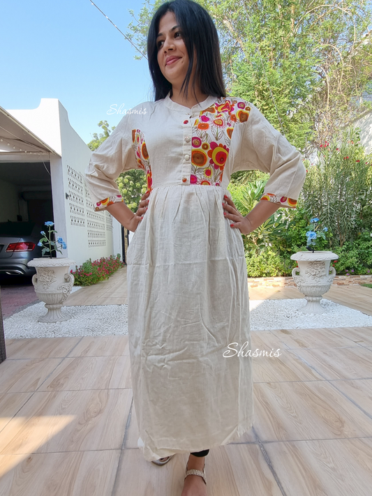 White Cotton With Flower Design Kurti