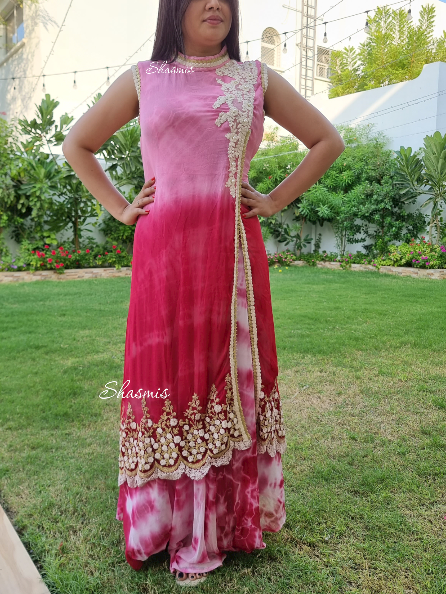 Shifon Dress In Berry and Blush Pink With embroidery work Size 46