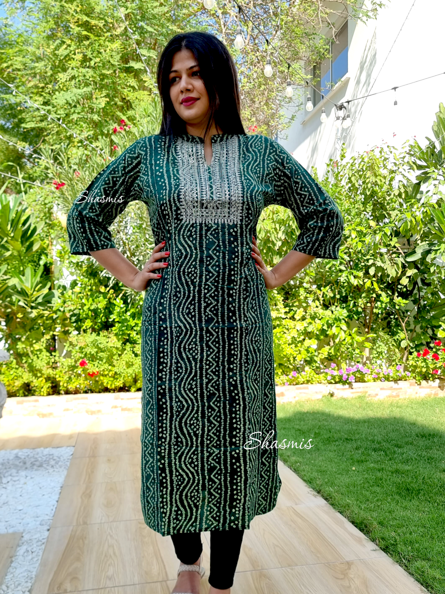 Green Reyon kurti With Bandhani Print