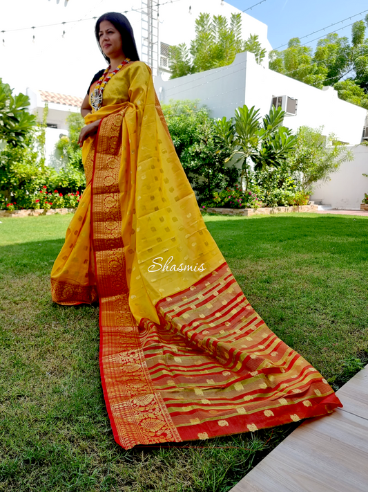 Yellow And Brown Color Kanjeevaram Silk Saree