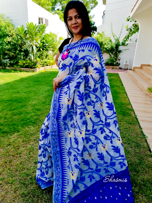 Blue and White cotton Linen Saree