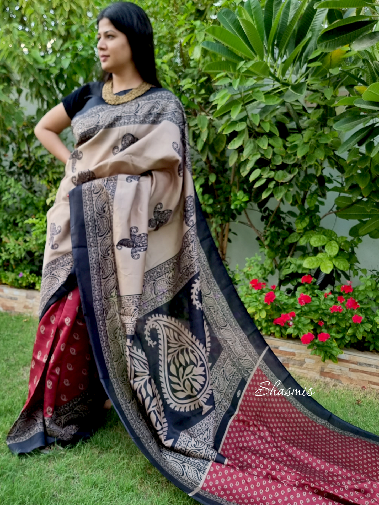 Maroon Tussar silk Saree