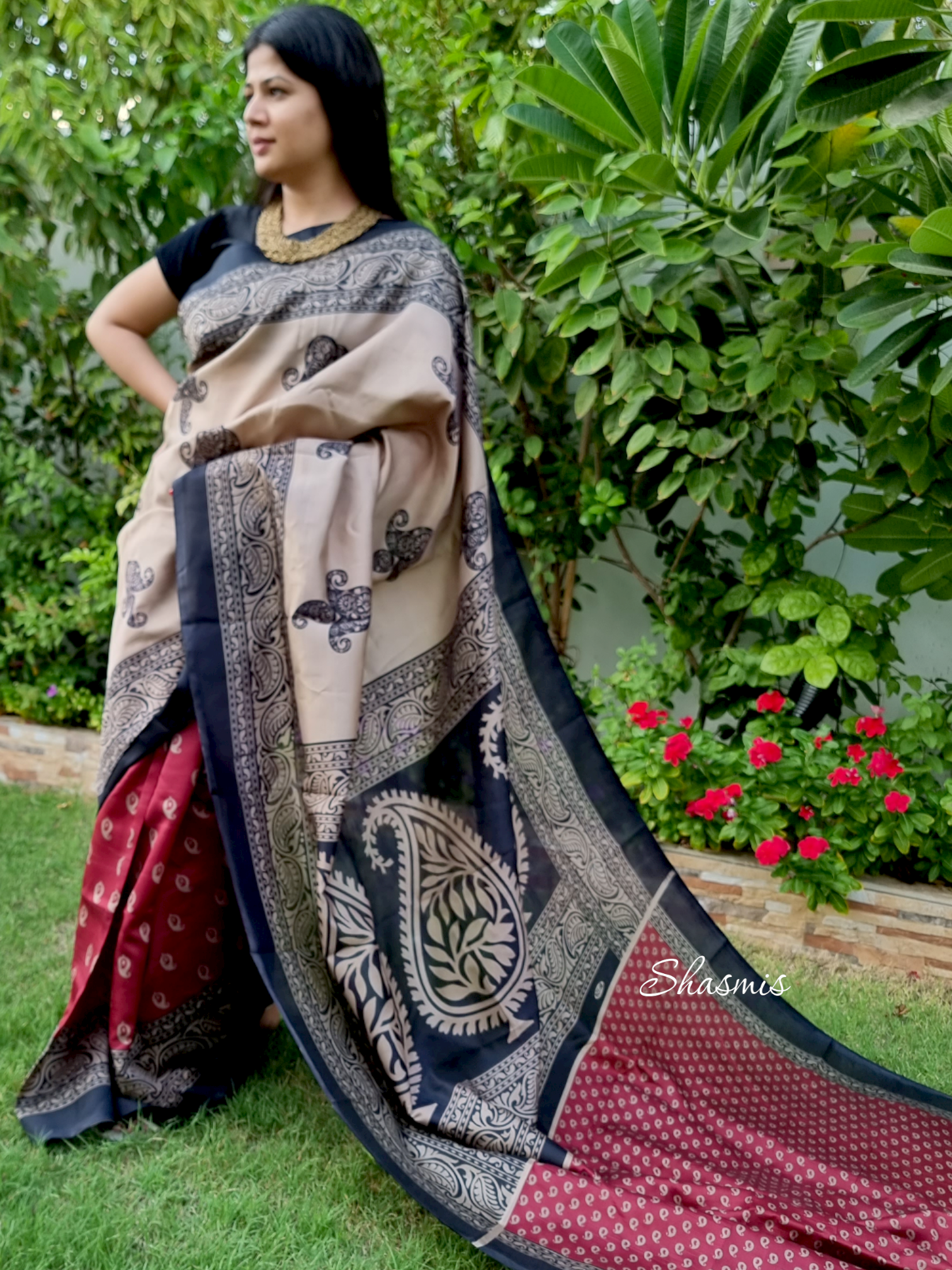 Maroon Tussar silk Saree