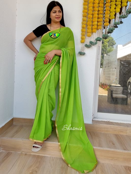 Green Color With Golden Lace Border Satin Saree