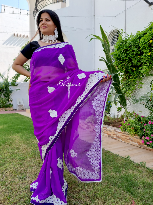 Purple color Embroidery Silk Saree