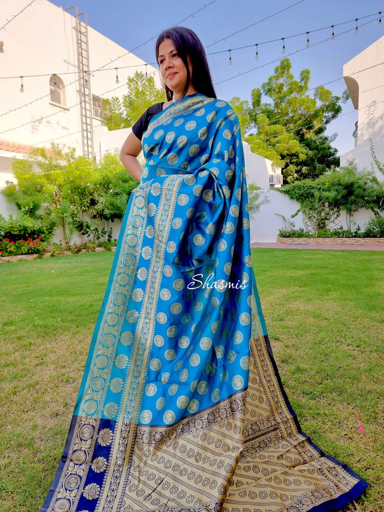 Silk off white and rama blue printed saree - G3-WSA53396 | G3fashion.com