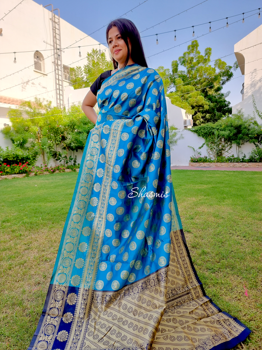 Rama Blue Color Amazing Golden Work Silk Saree