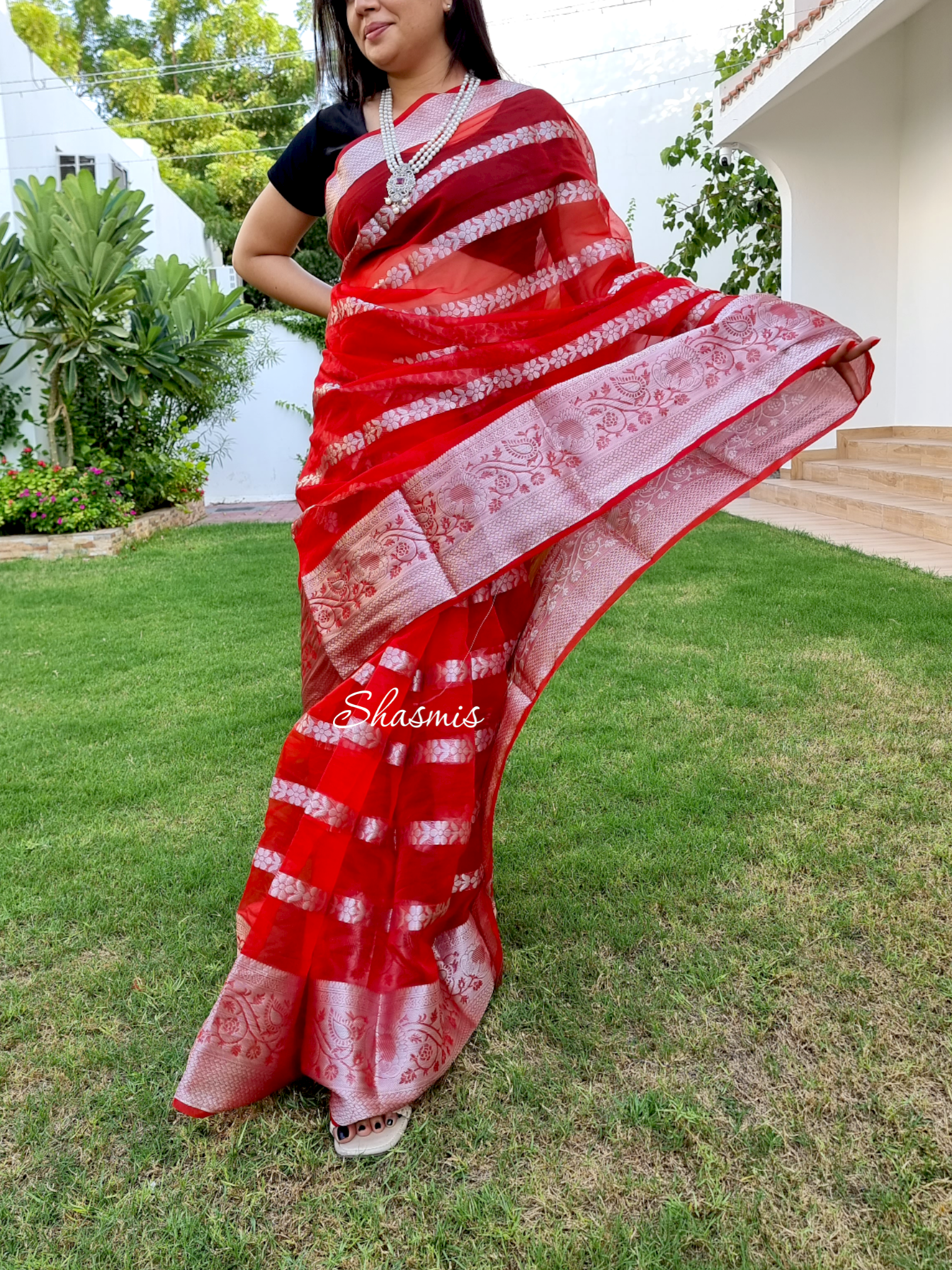 Red and Silver Organza Silk Saree