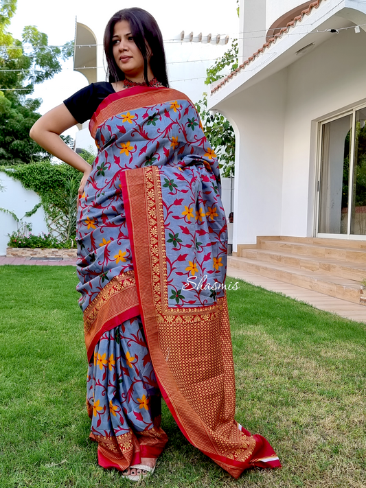 Red Color Printed Silk Saree