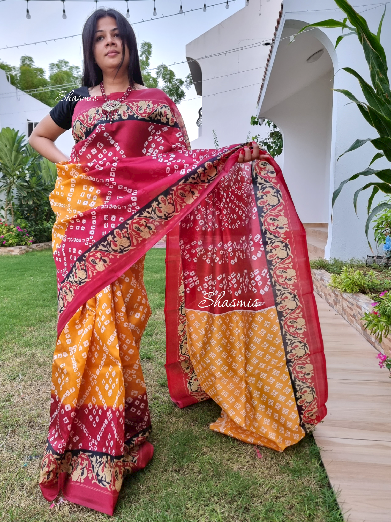 Orange and Red Bandhani Saree 