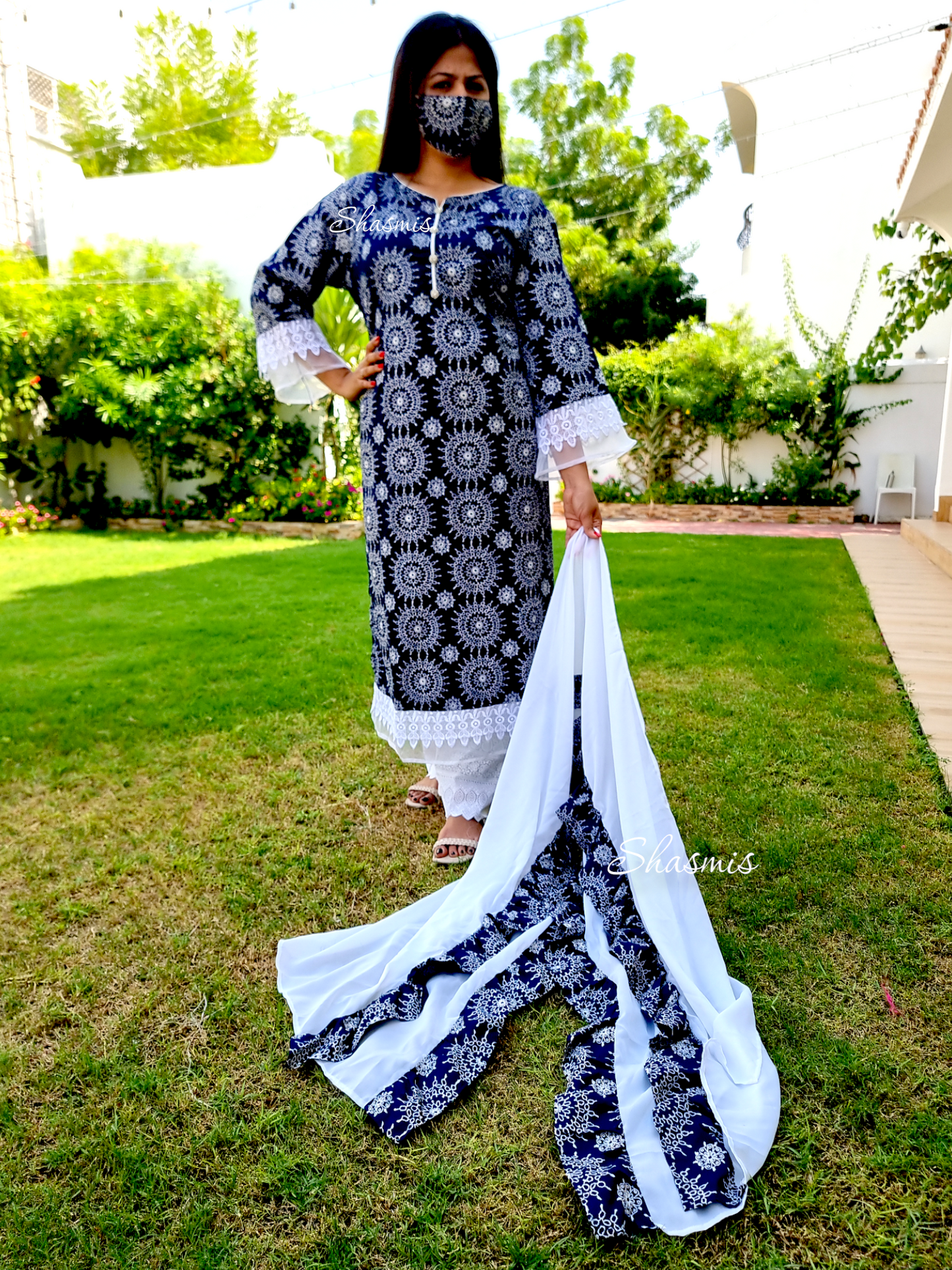 Royal Blue Color Cotton Kurta with Broad Lace on Daman, All Over printed Botom, Heavy Chikankari Embroidery Work. Raffle Dubatta Size 46 suitable for 44 As well