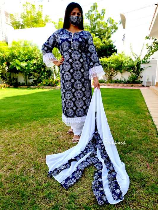 Royal Blue Color Cotton Kurta with Broad Lace on Daman, All Over printed Botom, Heavy Chikankari Embroidery Work. Raffle Dubatta Size 46 suitable for 44 As well