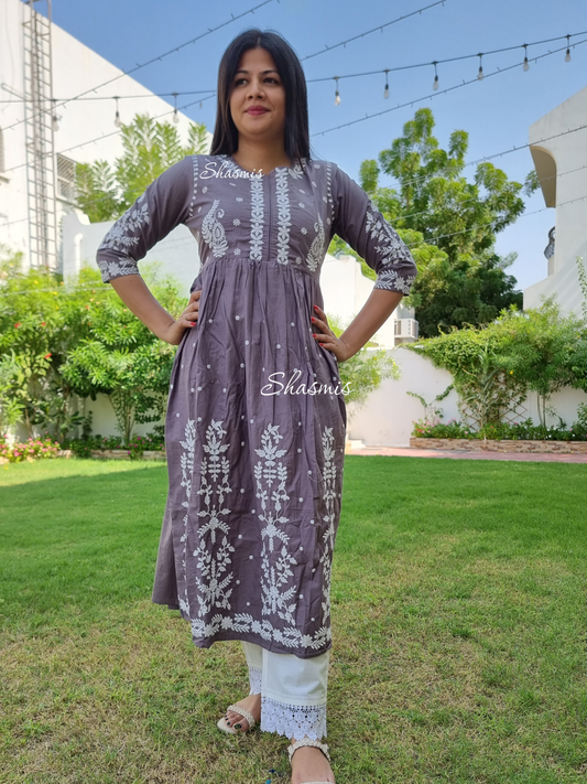 Grey Color Anarkali Cut With White Embroidery Dress