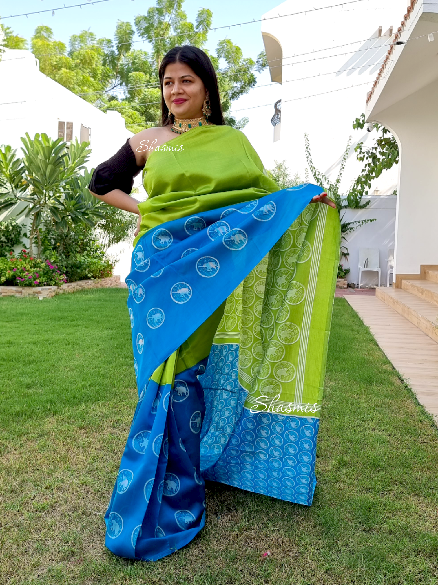 Blue and Green Color Linen Saree