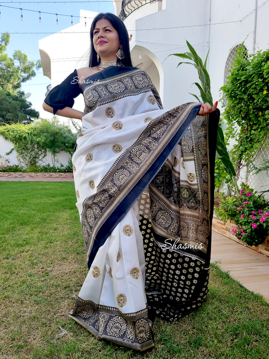 Black and White Maysore Silk Saree