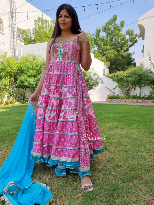 Pink and Blue Combination Cotton Garara 