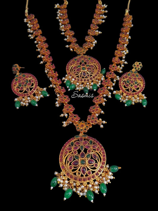 Gold Plated Temple Necklace Green Kundan Stone On drop