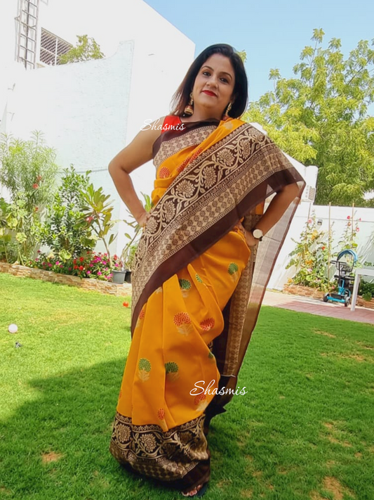 Brown And Yellow Satin Silk Saree 