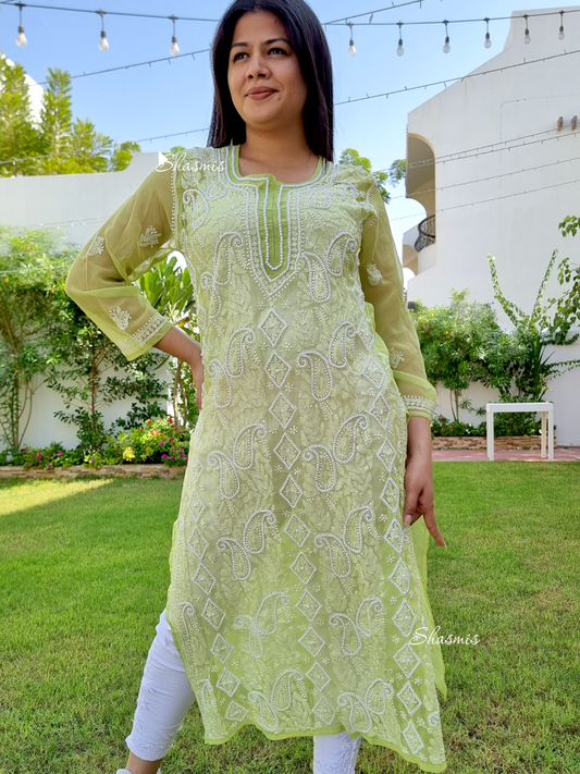 Pista Green Color Chikankari Embroidery Kurti 