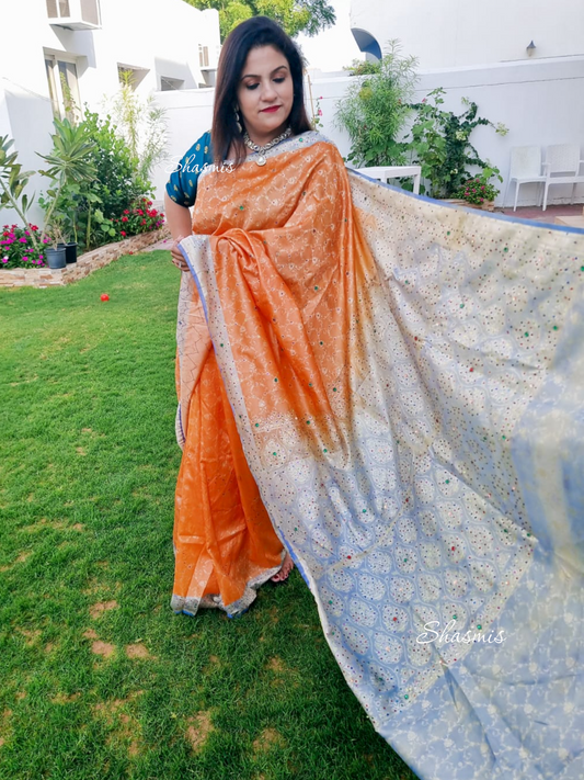 Orange and Blue Zari Weaving Saree