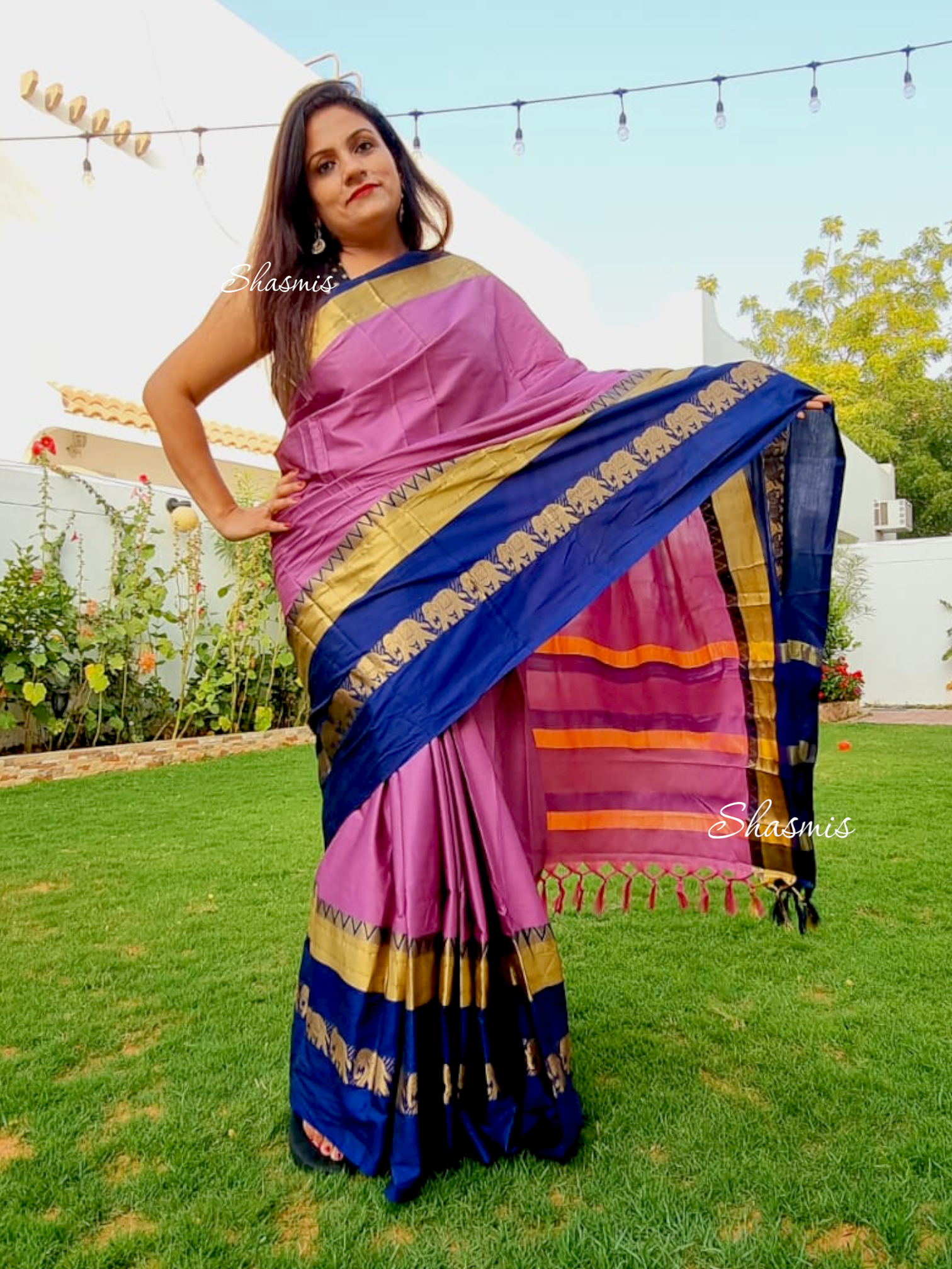 Purple and Blue Satin Silk Saree
