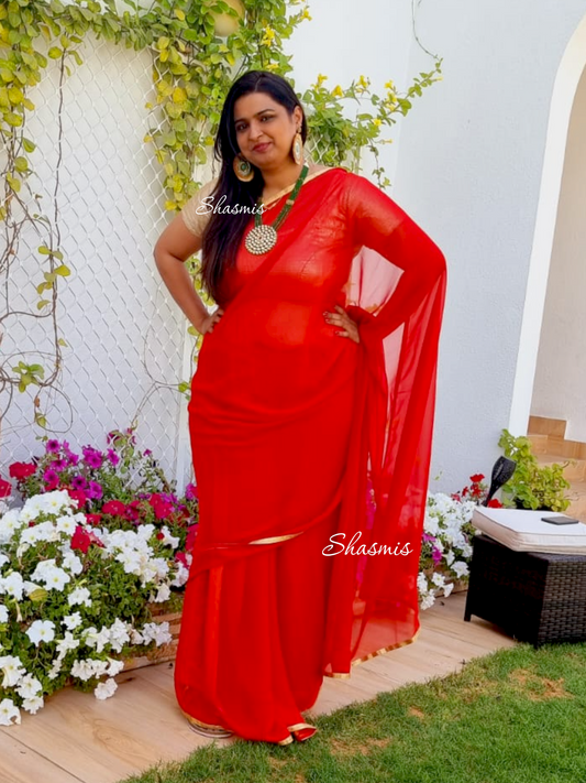 Red Color Georgette Plain Simple Saree With Golden Lace