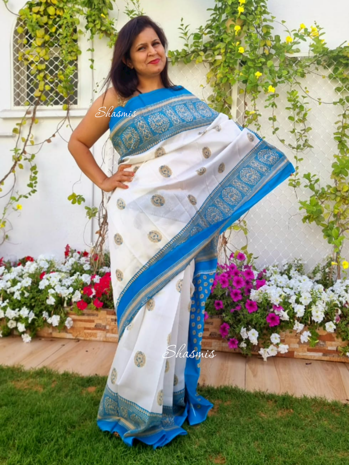 Sky bLue and White Satin Saree
