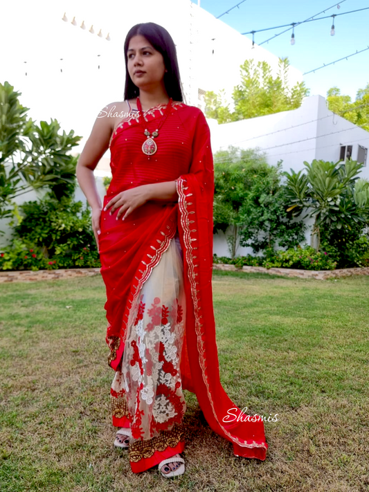 Red Color Georgette Saree With Net and Embroidery 