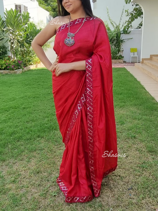 Red Color Banarasi Silk Saree With Sequence Lace