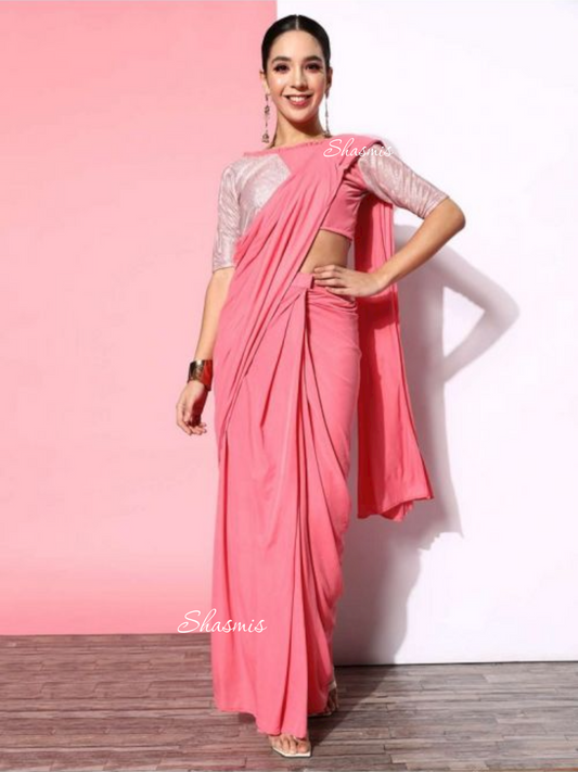 Baby Pink Georgette Ready Made Saree