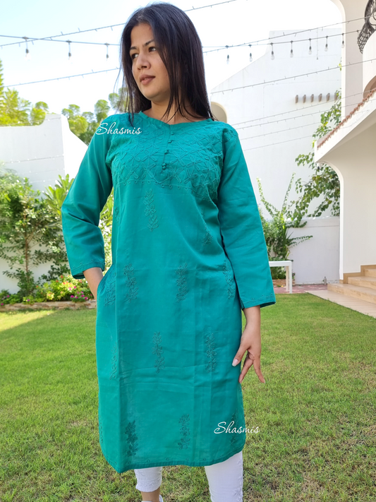 Rama Blue Color Kurti With Embroidery On it
