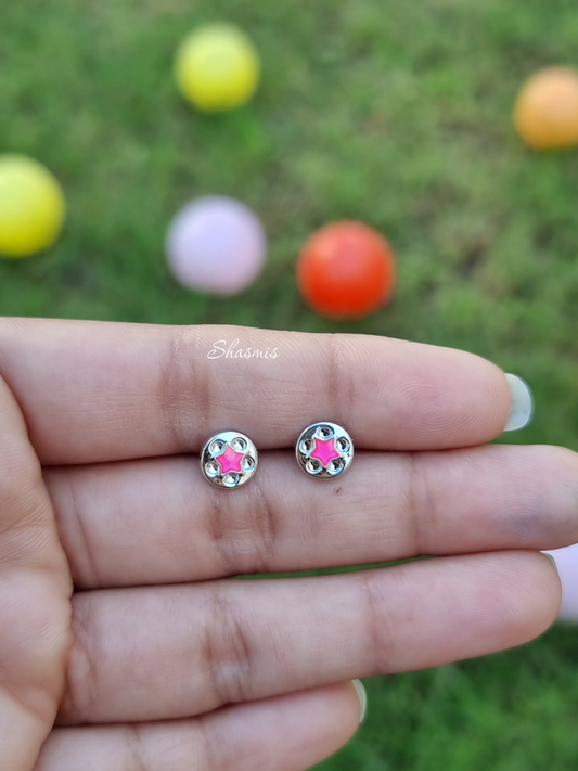 Pink Color Star Design in Round Silver Earrings For Kids, Packed In Gift Box
