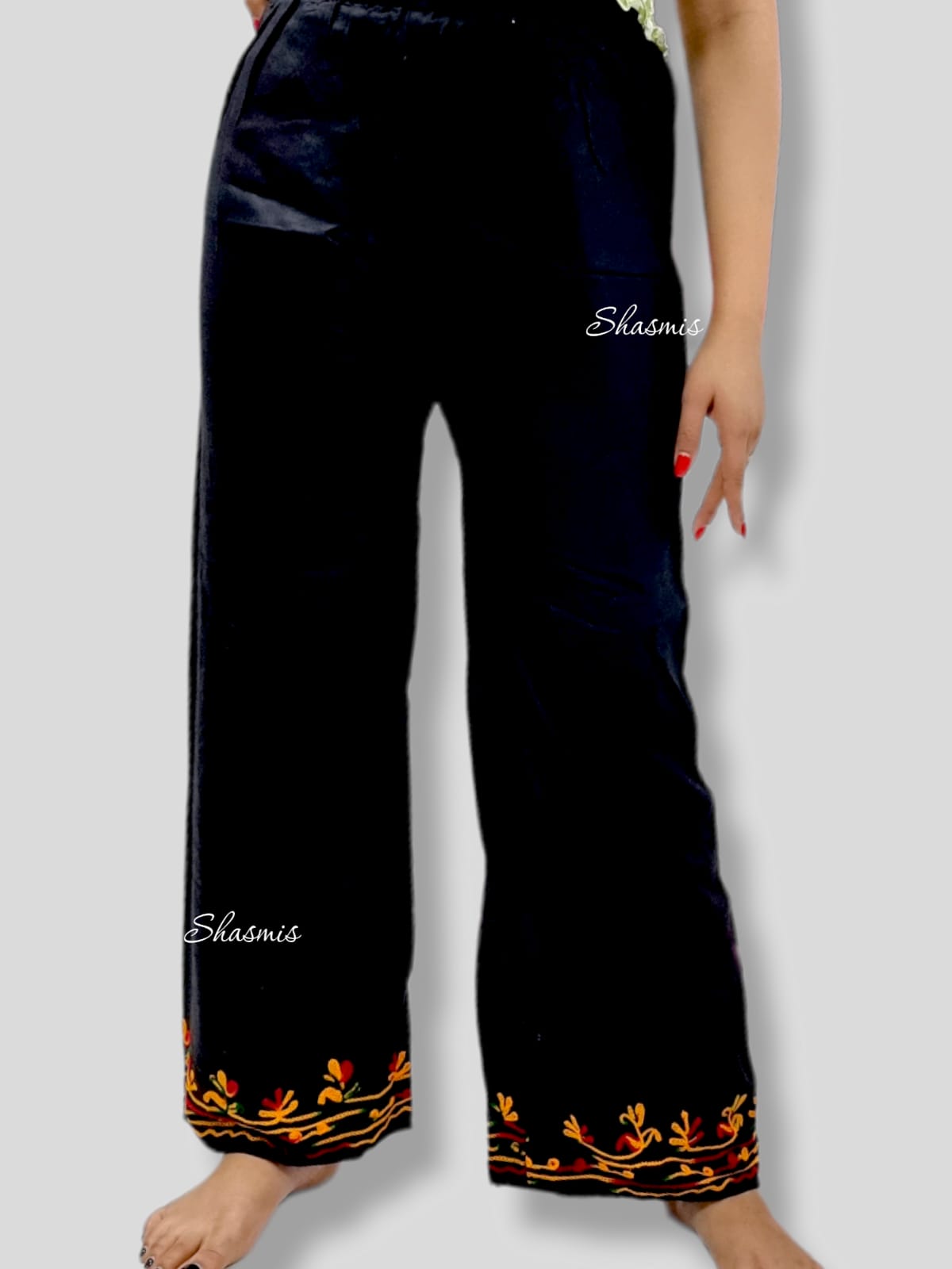 Black Color Cotton Embroidery Aari Plazo