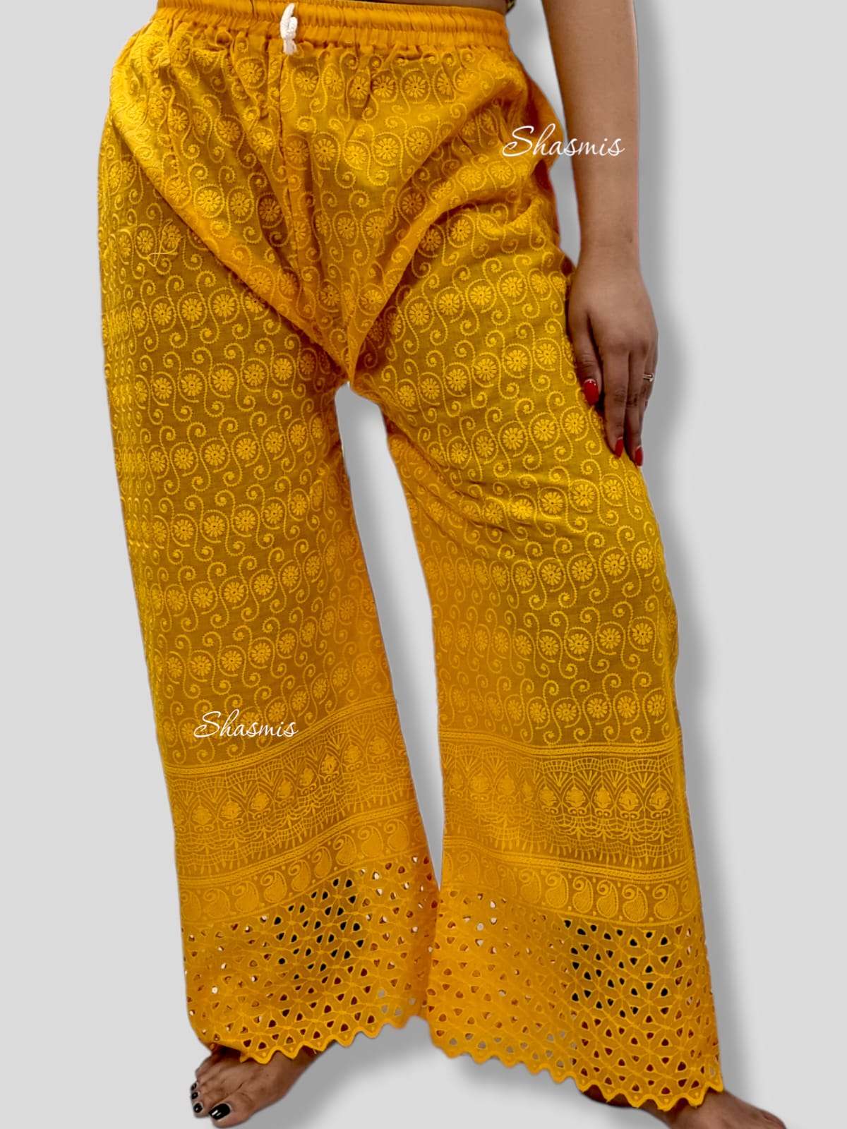 Crome Yellow Color Chickankari Cut Work At Bottom Plazo