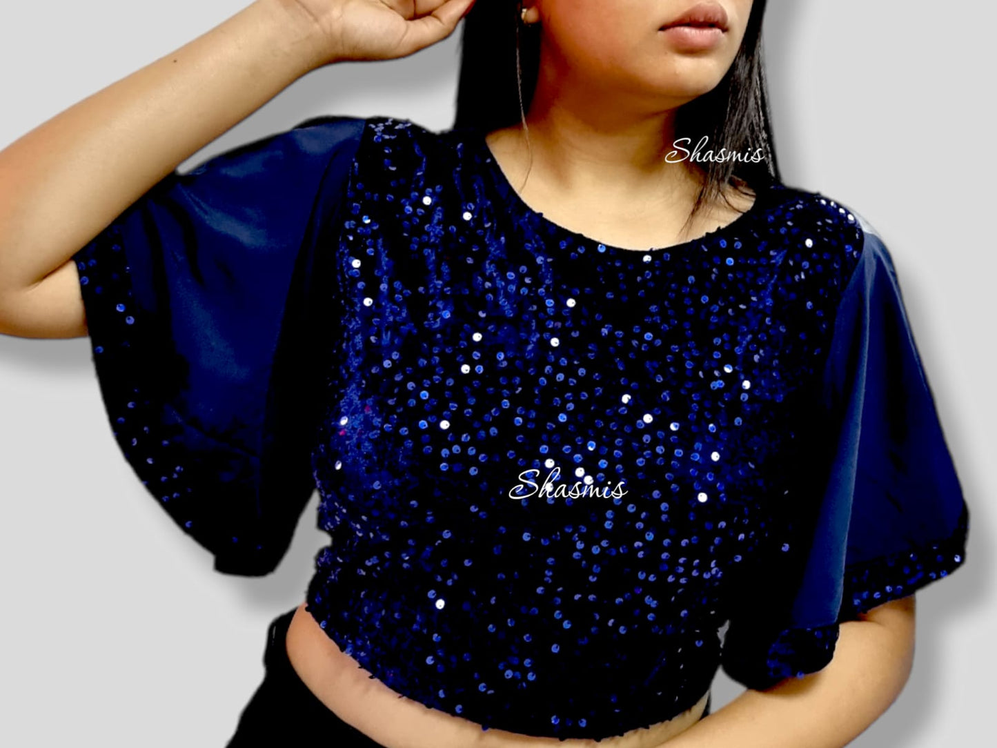 Blue Color Velvet With Sequence Work With Raffle Sleeves
