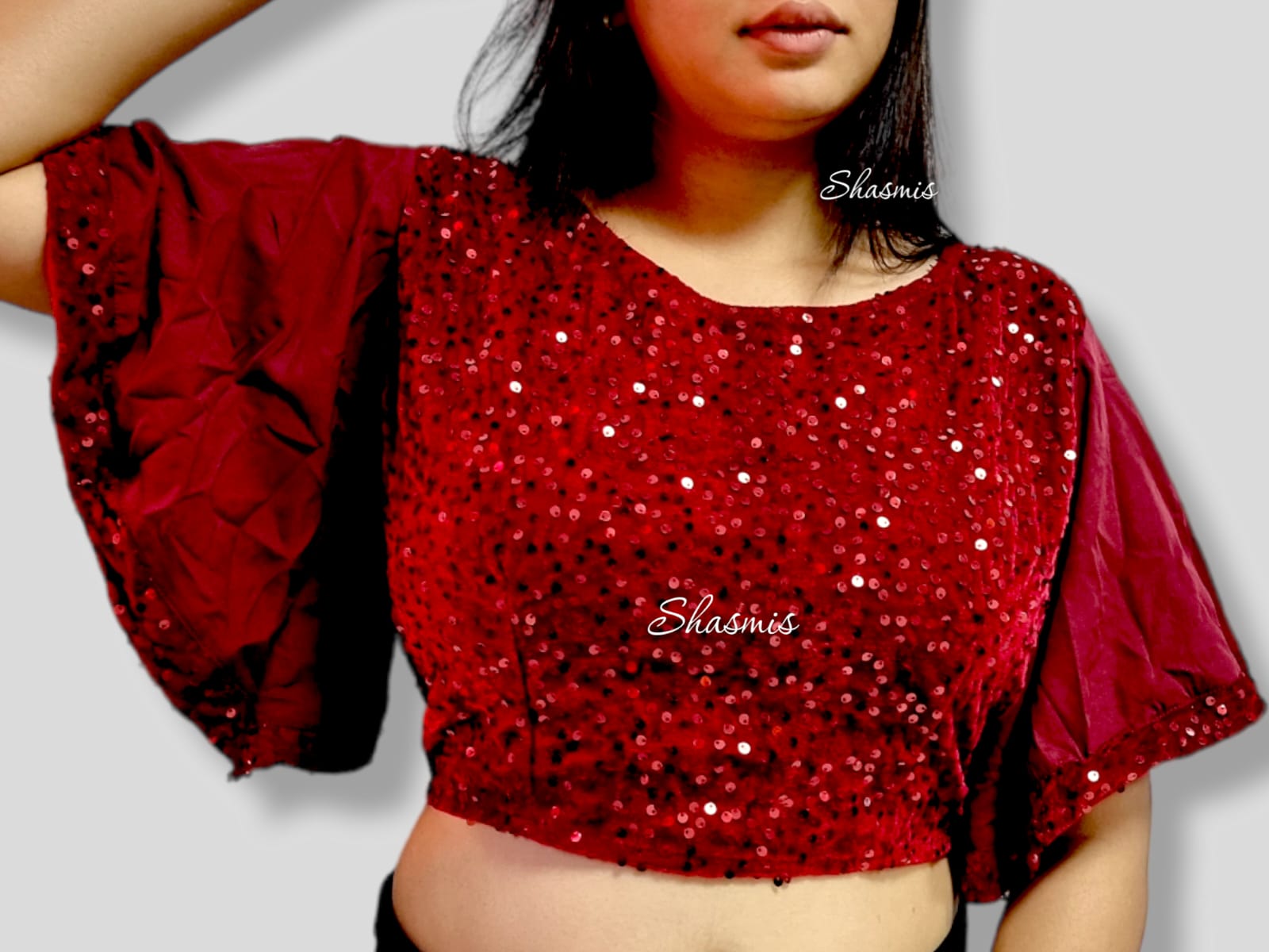 Maroon Color Velvet With Sequence Work With Raffle Sleeves