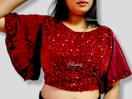Maroon Color Velvet With Sequence Work With Raffle Sleeves